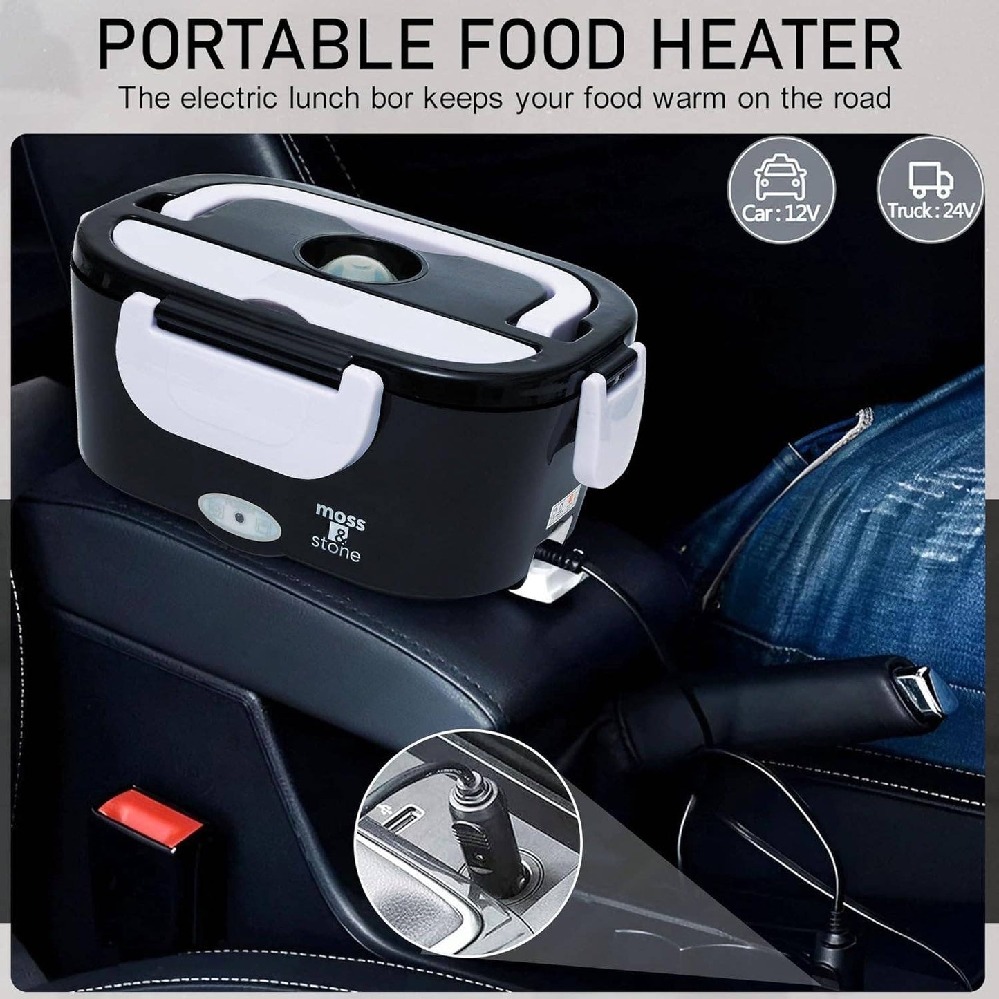 Electric Lunch Box Food Heater for Adults Food Warmer Lunch Box, 12/24/110v Lunch Box Warmer Portable For Work/Car/Truck, Fork & Spoon & 1.5L Removable S.S Container