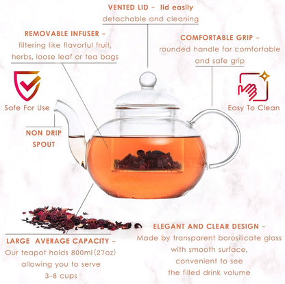 Glass 27oz Tea Kettle Infuser & 4 Tea Cups Gift Set, Borosilicate Glass Teapot With Removable Glass Strainer & Teacups Of 2.7 oz, Teapot With Strainer Microwave Safe Tea Maker