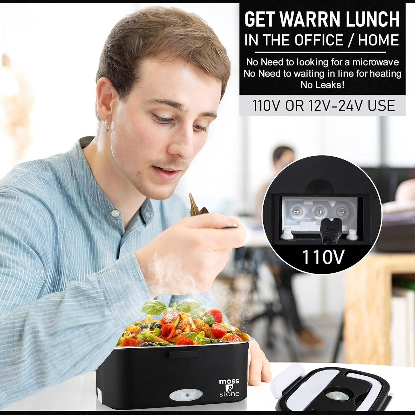 Electric Lunch Box Food Heater for Adults Food Warmer Lunch Box, 12/24/110v Lunch Box Warmer Portable For Work/Car/Truck, Fork & Spoon & 1.5L Removable S.S Container