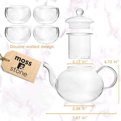 Glass 27oz Tea Kettle Infuser & 4 Tea Cups Gift Set, Borosilicate Glass Teapot With Removable Glass Strainer & Teacups Of 2.7 oz, Teapot With Strainer Microwave Safe Tea Maker